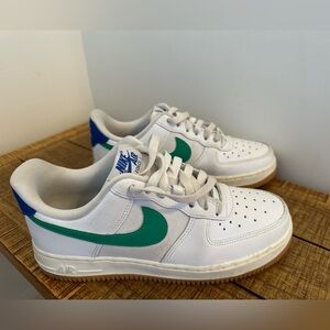 Nike Air Force 1 White Sneakers with Green and Blue Accents